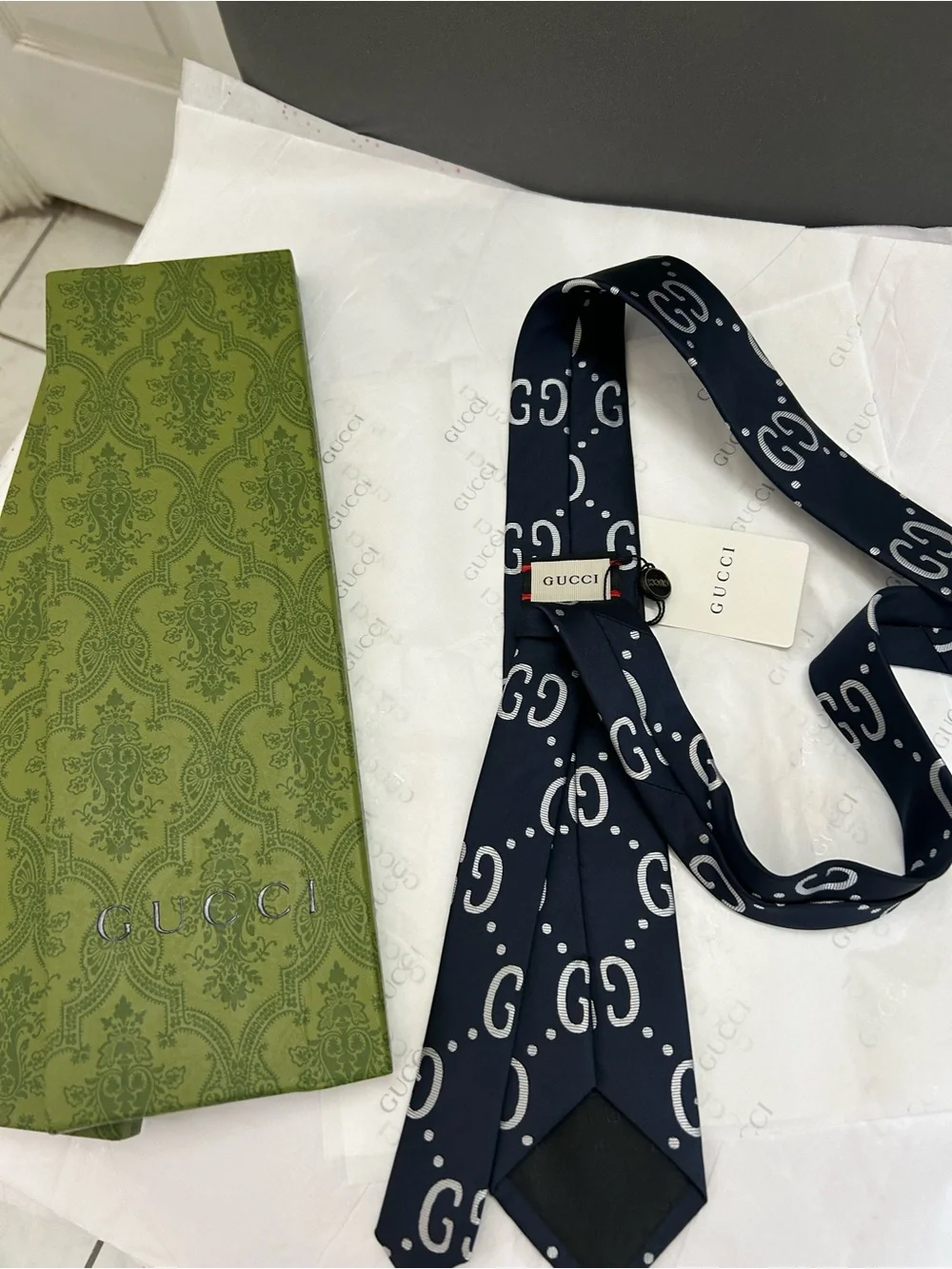 Gucci Navy and White GG Logo Silk Tie